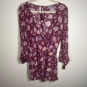American Eagle Floral Romper Burgundy Bell Sleeve Tassel Boho Womens Sz M